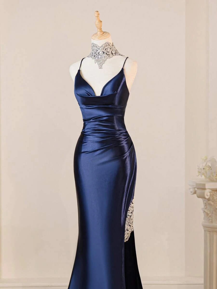 Elegant Mermaid Spaghetti Strap Applique Slit Navy Blue Floor-Length Prom Dress