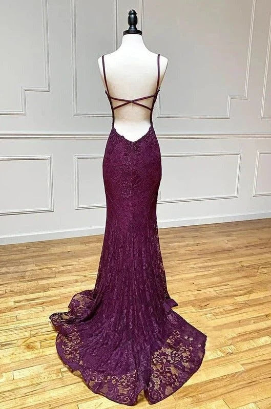 Elegant Mermaid V-Neck Sleeveless Lace Slit Plum Floor-Length Evening Gown