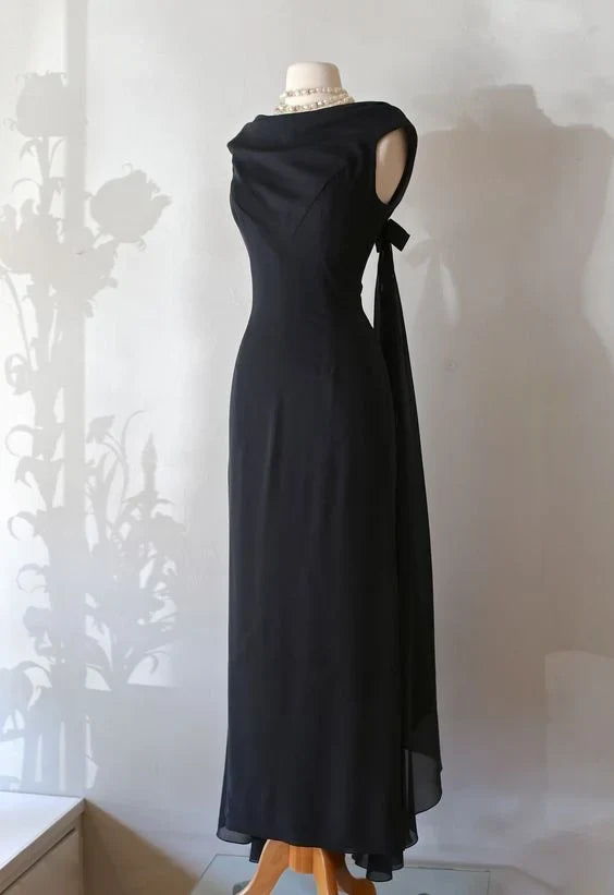 Elegant Sheath Cowl Neck Sleeveless Draped Bow Black Floor-Length Evening Gown