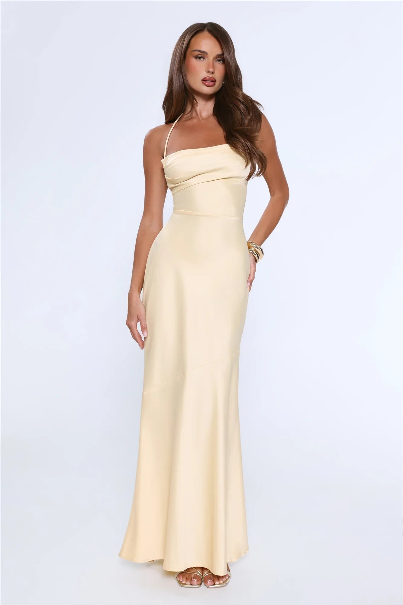 Elegant Sheath Cowl Neck Spaghetti Straps Backless Satin Pale Yellow Floor-Length Prom Dress