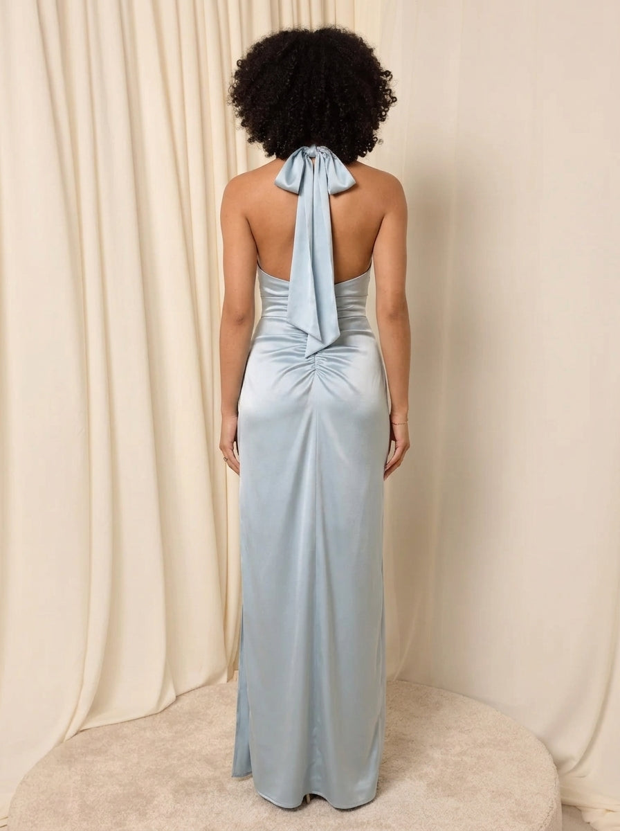 Elegant Sheath Halter Draped High-Slit Satin Light Blue Floor-Length Prom Dress