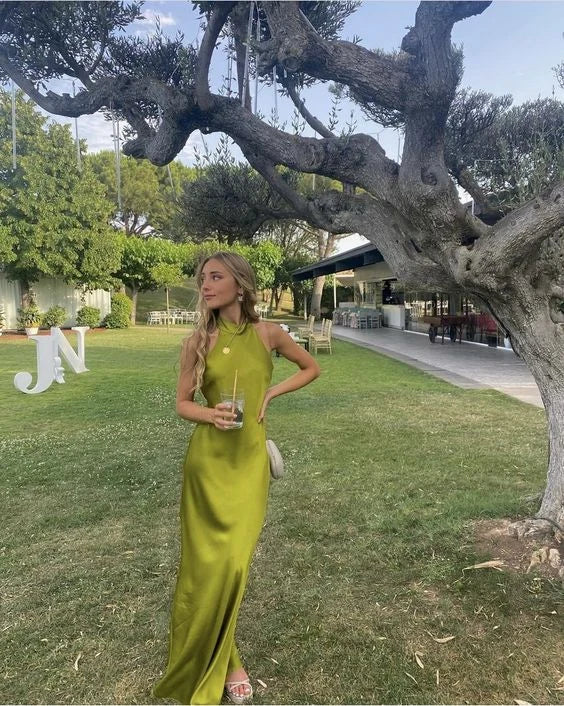 Elegant Sheath Halter Sleeveless Flowy Olive Green Floor-Length Evening Gown