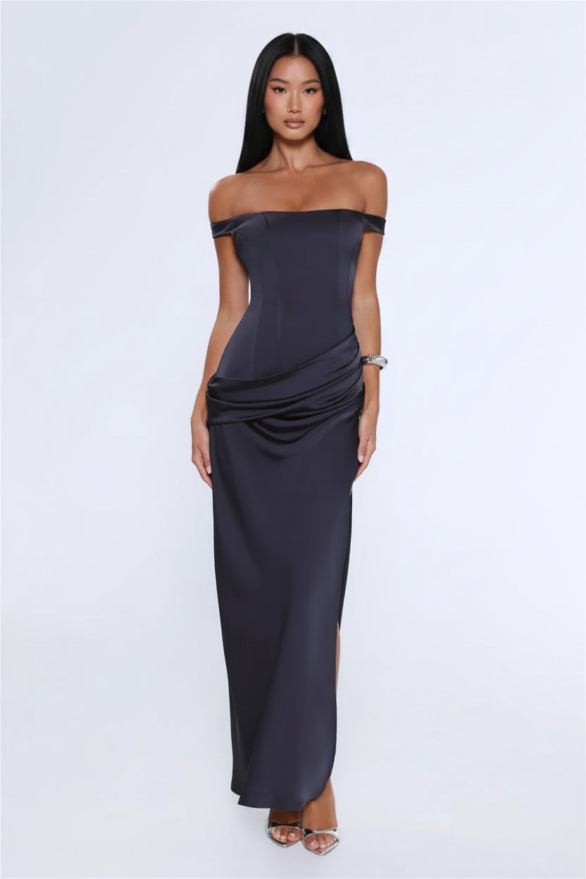 Elegant Sheath Off-Shoulder Ruched Slit Charcoal Grey Floor-Length Prom Dress