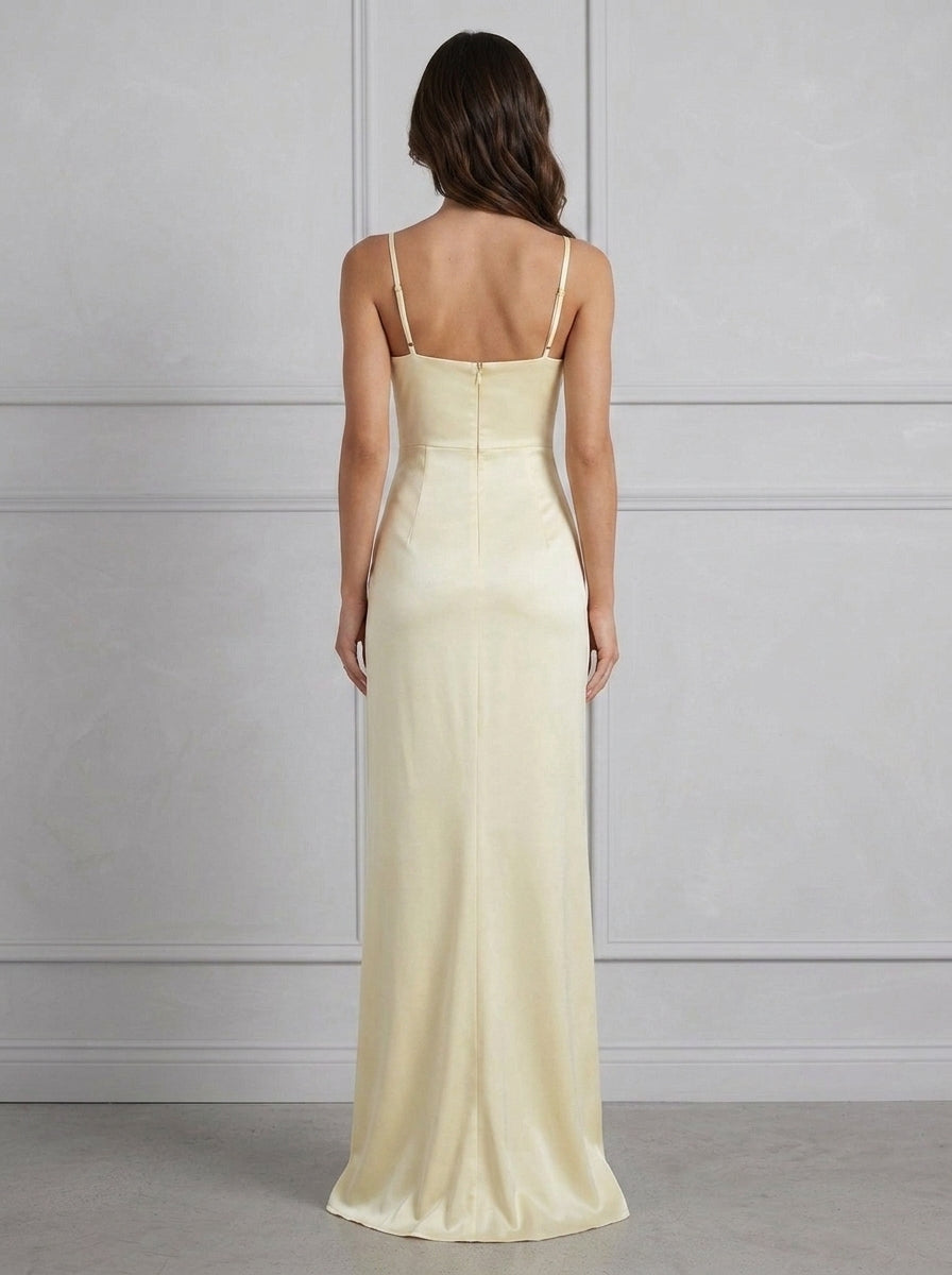 Elegant Sheath Spaghetti Strap Starfish High Slit Satin Pale Yellow Floor-Length Prom Dress