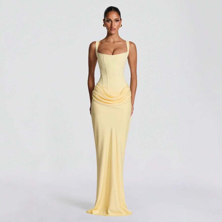 Elegant Sheath Square Neck Corset Draped Pastel Yellow Floor-Length Prom Dresses