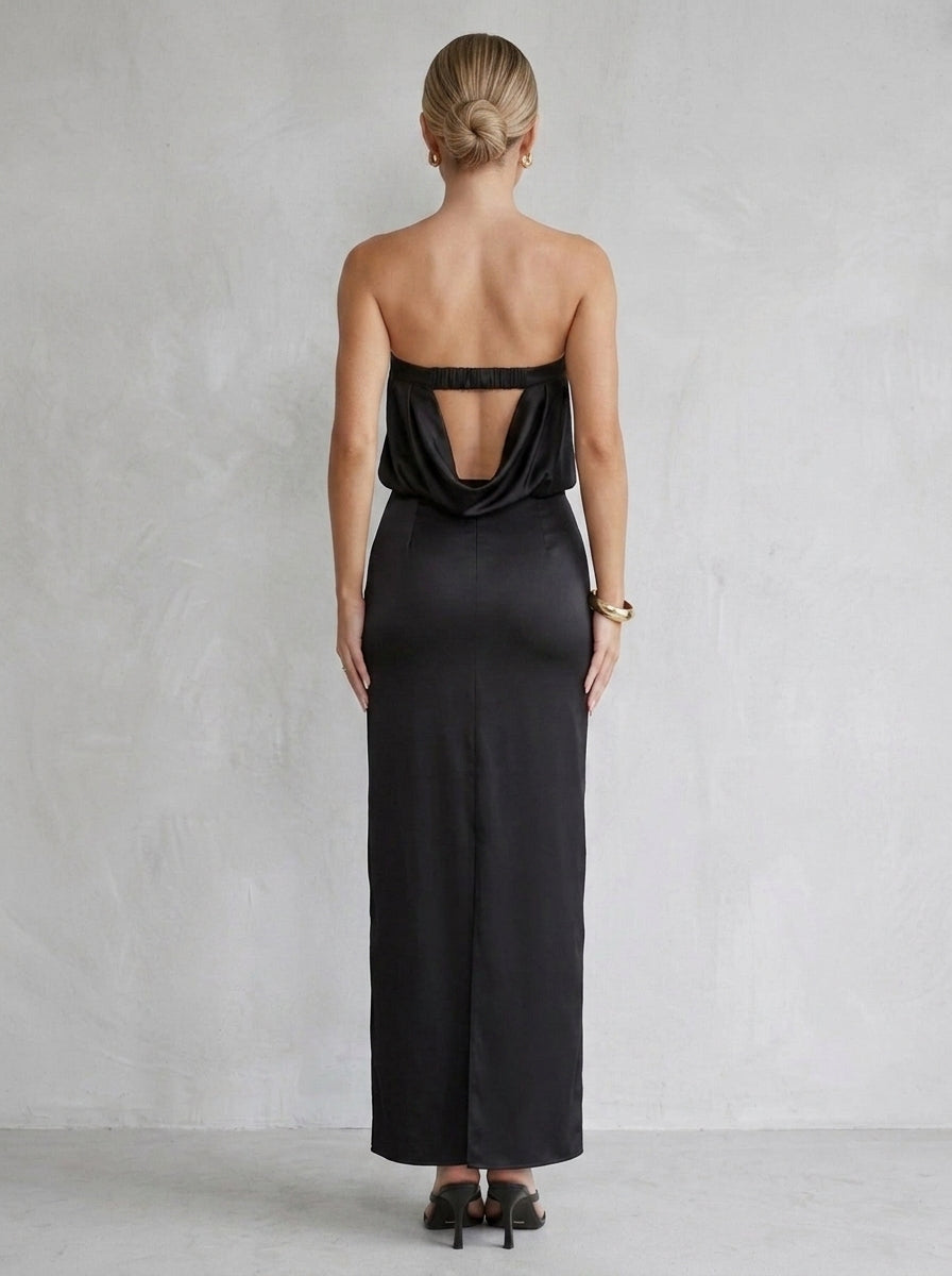 Elegant Sheath Strapless Cowl Neck Draped Open Back Black Floor-Length Prom Dress