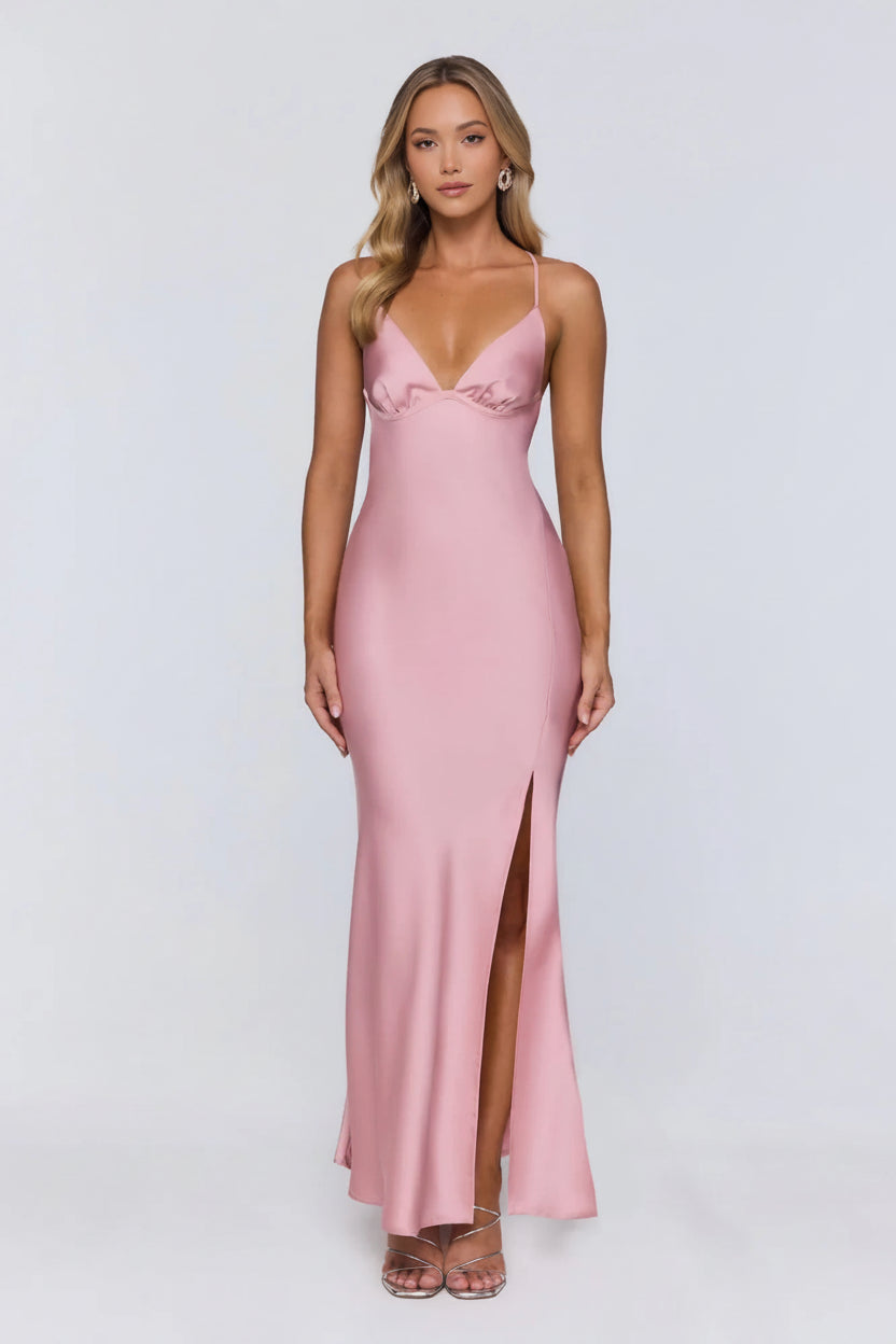 Elegant Sheath V-Neck 3D Flower Blush Satin Pink Floor-Length Prom Dress With Slit