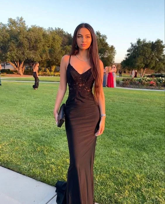 Elegant Sheath V-Neck Sleeveless Lace Glamorous Black Floor-Length Evening Dress Gown