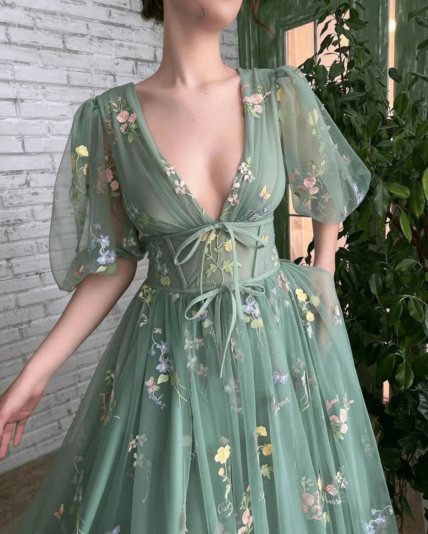 Embroidered Sage Green Prom Dresses Floral Half Sleeves Flower Maxi Dress