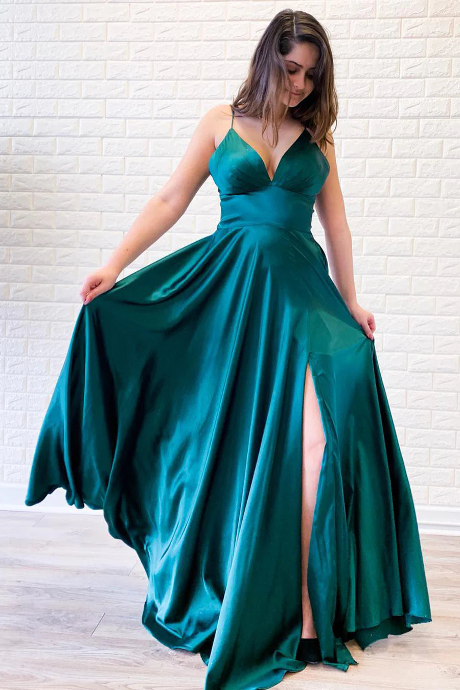 Empire Straps Teal Satin Long Prom Dress with Slit/Formal Women's Dresses