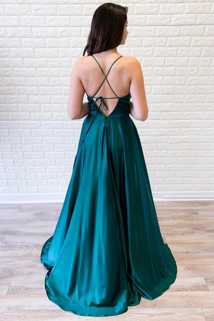 Empire Straps Teal Satin Long Prom Dress with Slit/Formal Women's Dresses