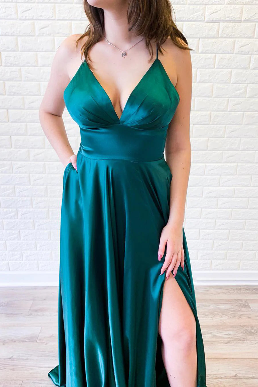 Empire Straps Teal Satin Long Prom Dress with Slit/Formal Women's Dresses