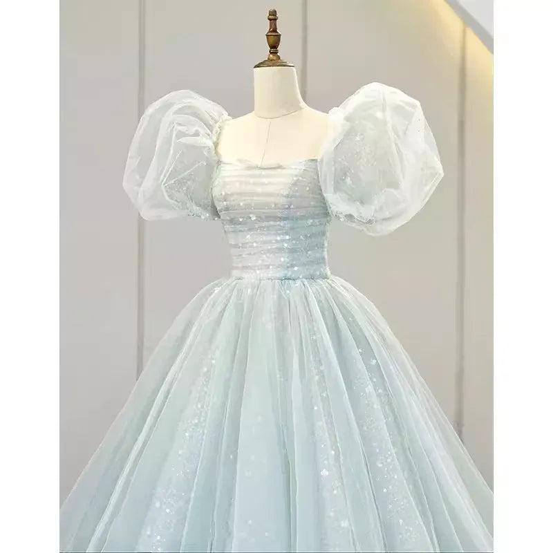 Enchanted Ballgown Square-Neck Short-Sleeve Glitter-Accented Dusty-Blue Maxi Prom Dress for Women Custom