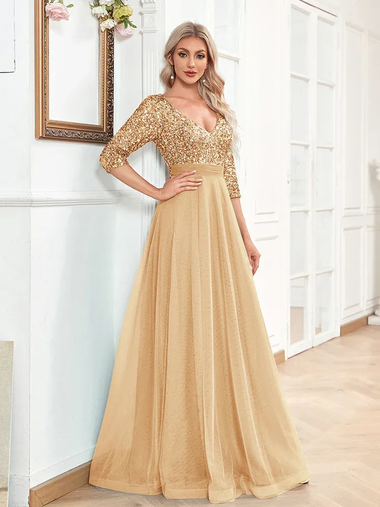 Enchanting A-line V-neck 3/4-sleeve Sequin Dusty Blue Maxi Prom Dress for Women Ready to Ship