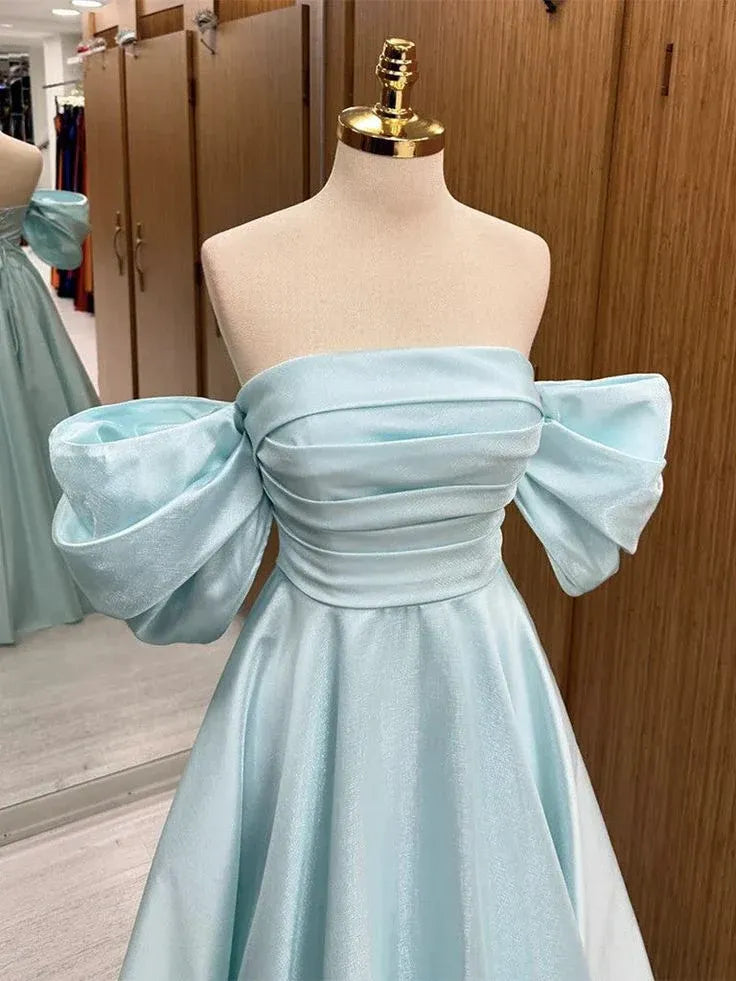 Enchanting Ballgown Off-the-Shoulder Puff-Sleeve Ruched Satin Mint Floor-Length Evening Dress for Women
