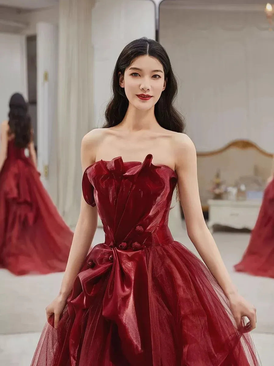 Enchanting Ballgown Strapless Sleeveless Bow-Accent Burgundy Long Prom Dress for Women Ready to Ship