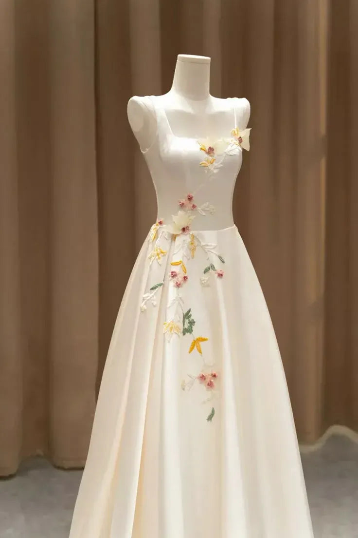 Ethereal A-Line Square-Neck Sleeveless Floral-Embroidered Satin Ivory Floor-Length Evening Dress for Women
