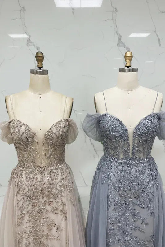 Ethereal A-Line Sweetheart Neck Sleeveless Beaded Champagne Maxi Prom Dress for Women Ready to Ship