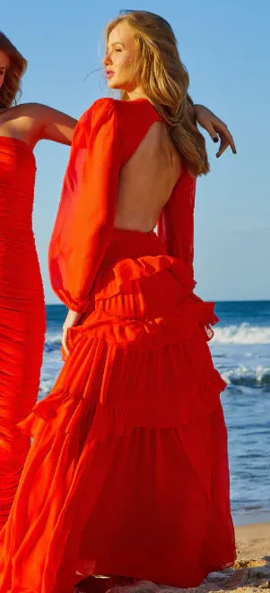 Ethereal Chiffon Maxi Evening Dress Red Deep V Long-Sleeve for Women