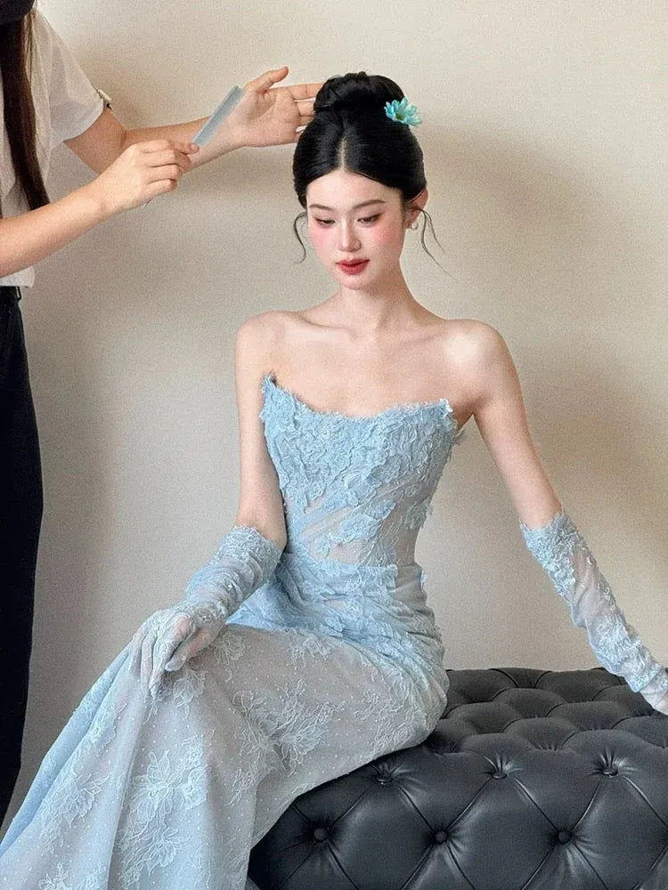 Ethereal Fitted Strapless Sleeveless Lace Light Blue Maxi Prom Dress for Women For Sale