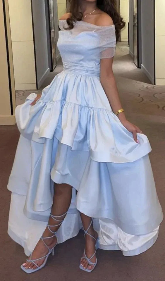 Ethereal High-Low Off-Shoulder Ruffled Satin Sky-Blue Evening Dress for Women