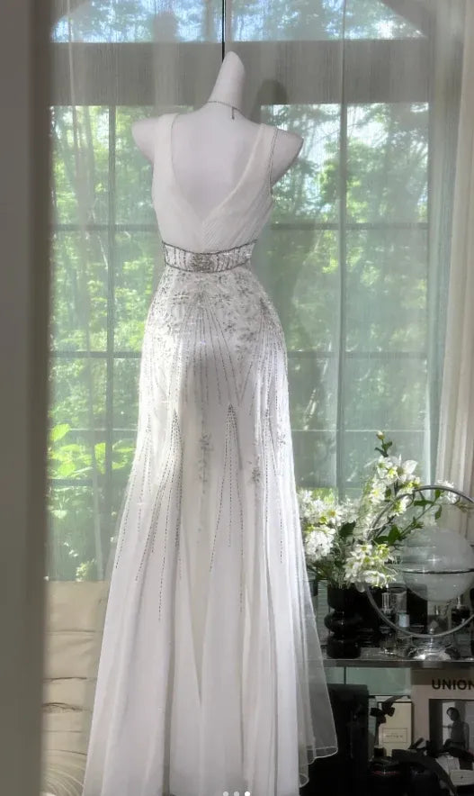 Ethereal Mermaid Sweetheart Neck Sleeveless Beaded White Maxi Prom Dress for Women Ready to Ship