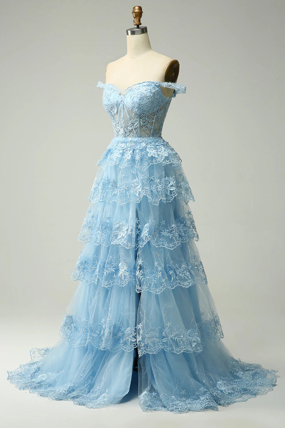 Ethereal Tiered Off-the-Shoulder Lace Sky Blue Long Prom Dress