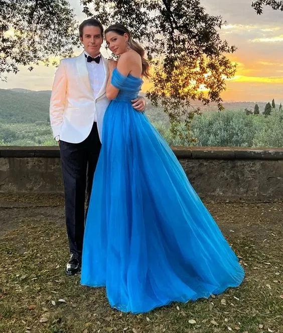 Ethereal Tulle Floor-Length Evening Dress Cobalt Off-Shoulder Sleeveless Formal Women