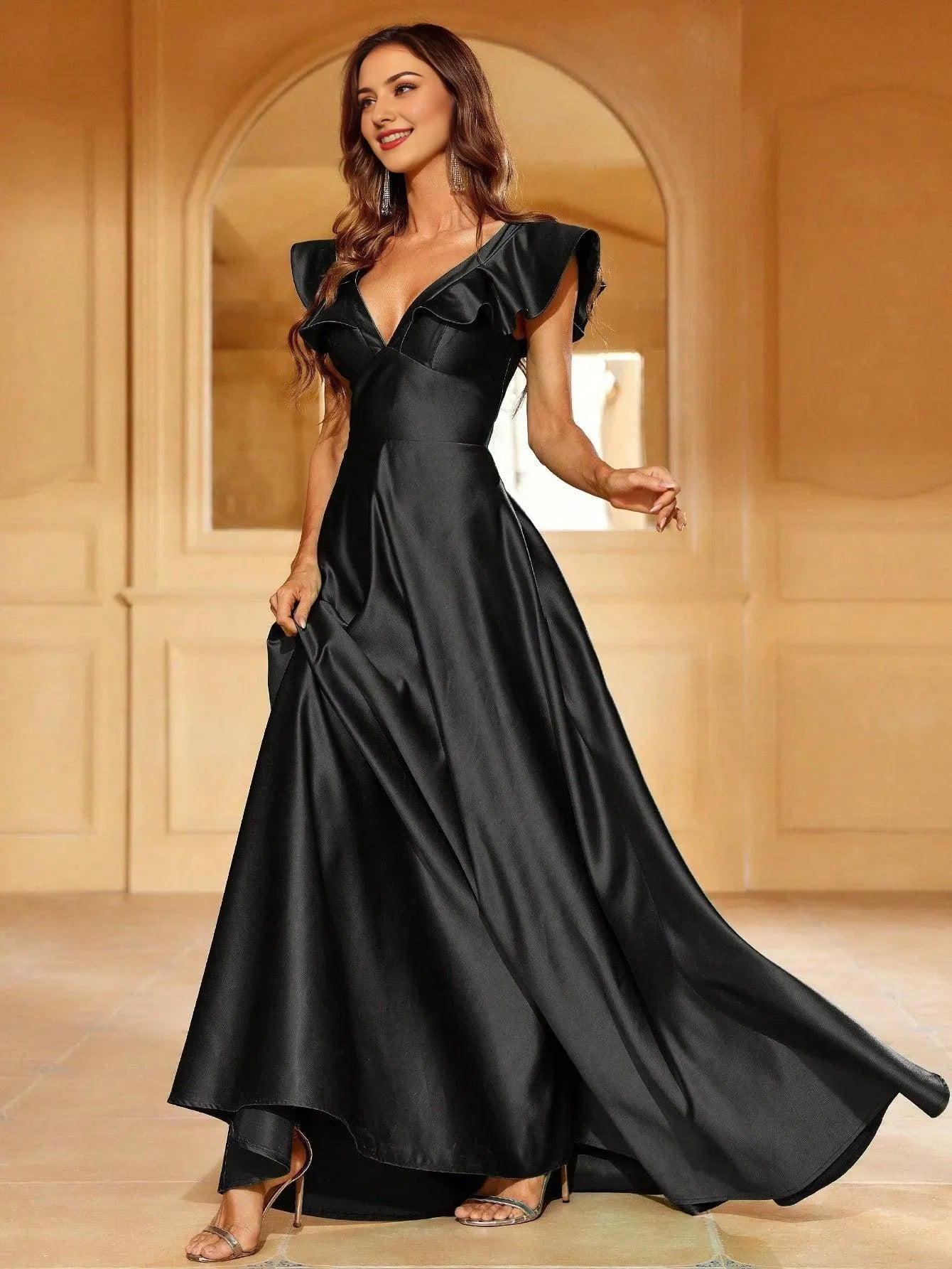Evening Dresses For Women Elegant Ruffle Trim Plunging Neck Satin Formal Dress/ Elegant Long Evening Dresses