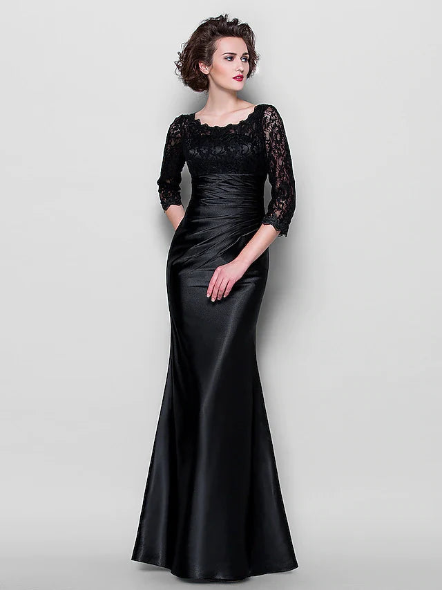 Mother of the Bride Dress See Through Jewel Neck Floor Length Stretch Satin Lace Over Satin Length Sleeve with Lace Ruched Side Draping