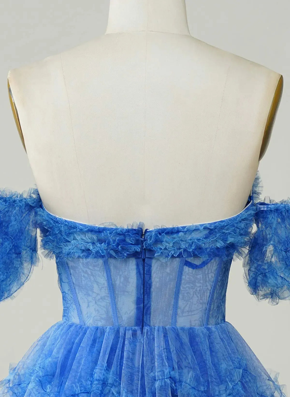 Fairy A-Line Off-Shoulder Short Sleeves Corset Ruffle Blue Short Homecoming Dress