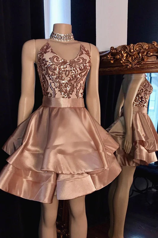 Fashion A-Line Halter Neck Sleeveless Backless Short-Mini Prom Dress