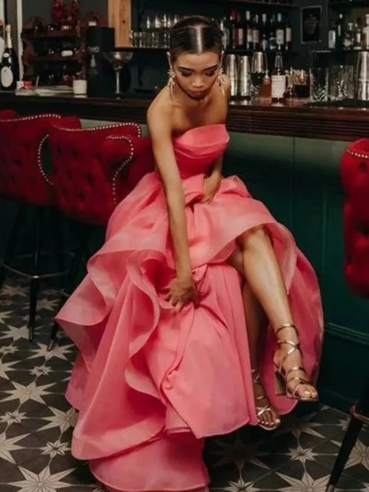 Fashion A-Line Strapless Sleeveless Ruffled Organza Floor-Length Prom Dress