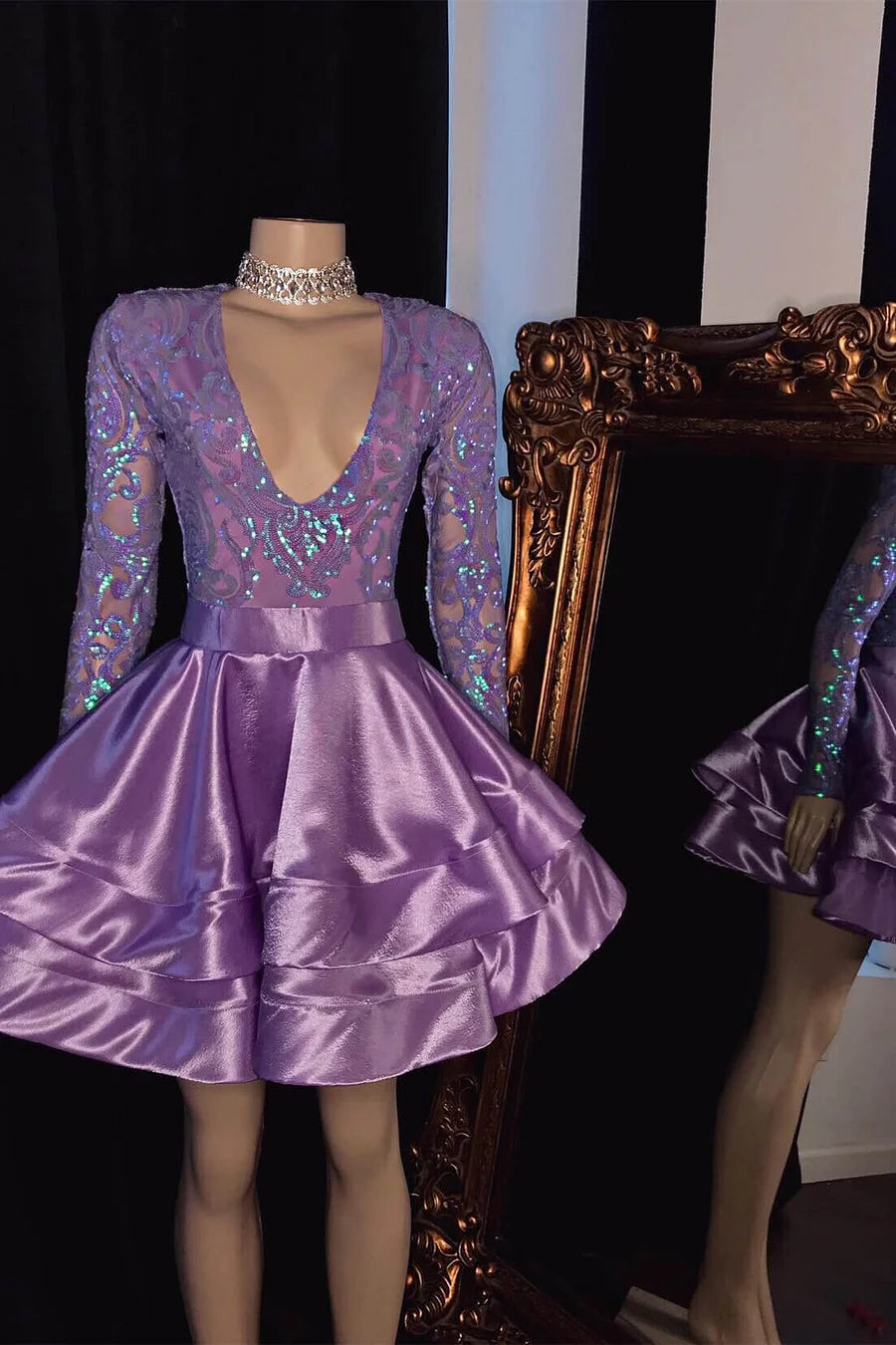 Fashion A-Line V-Neck Long Sleeves Pleated Short-Mini Prom Dress