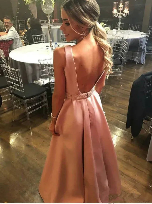 Fashion A-Line V Neck Sleeveless Backless Floor-Length Prom Dress