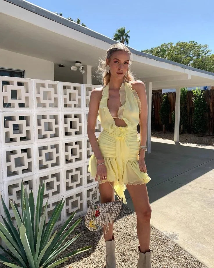 Fashion A-Line V Neck Sleeveless Chiffon Short-Mini Lace Up Homecoming Dress