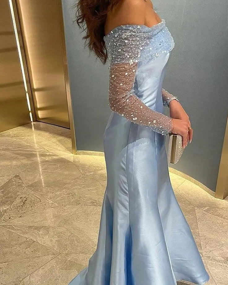 Fashion Mermaid Off Shoulder Long Sleeves Pleated Satin Floor-Length Prom Dress