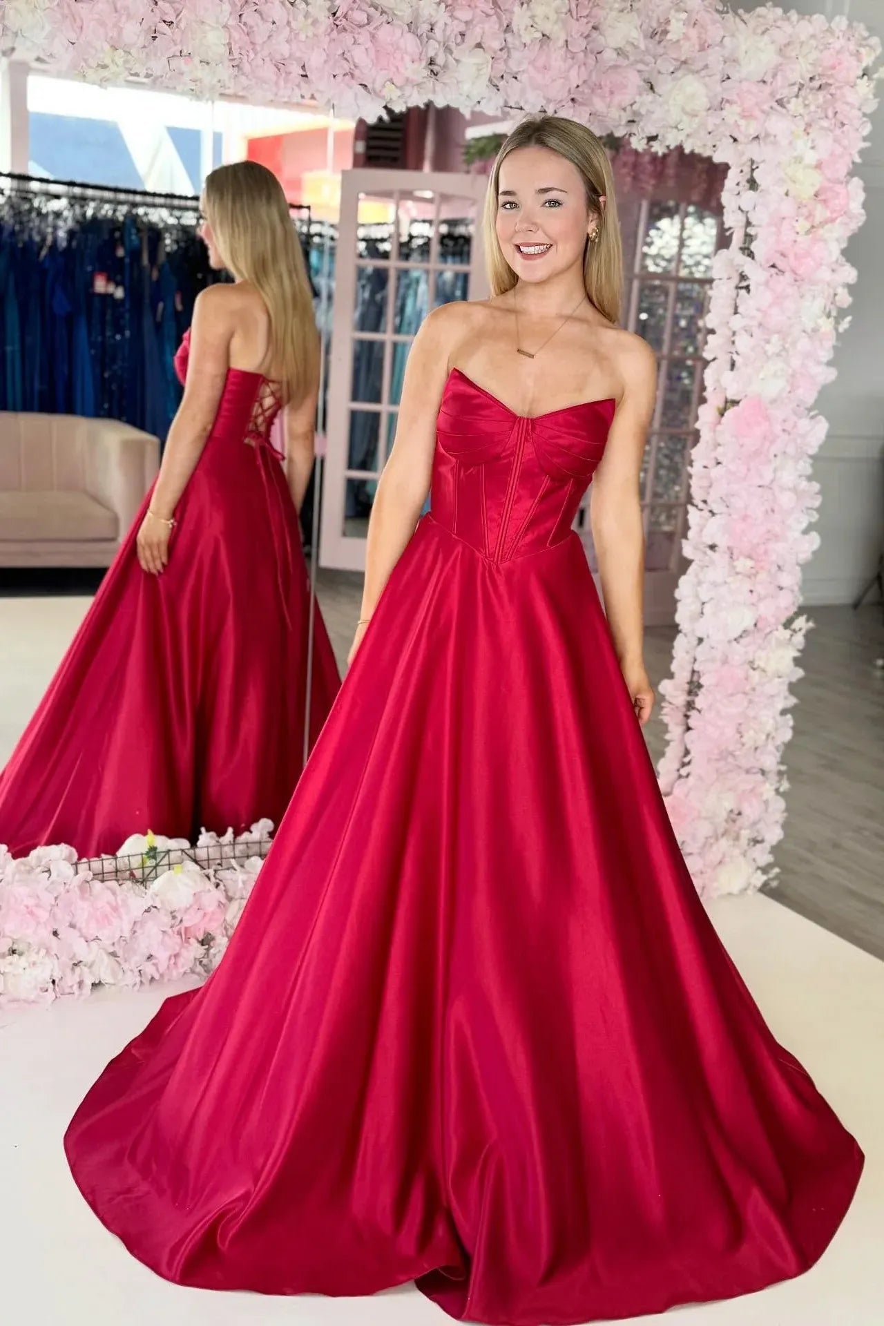 Fashionable Ball Gown V-neck Sleeveless Backless Satin Floor-Length Prom Dress