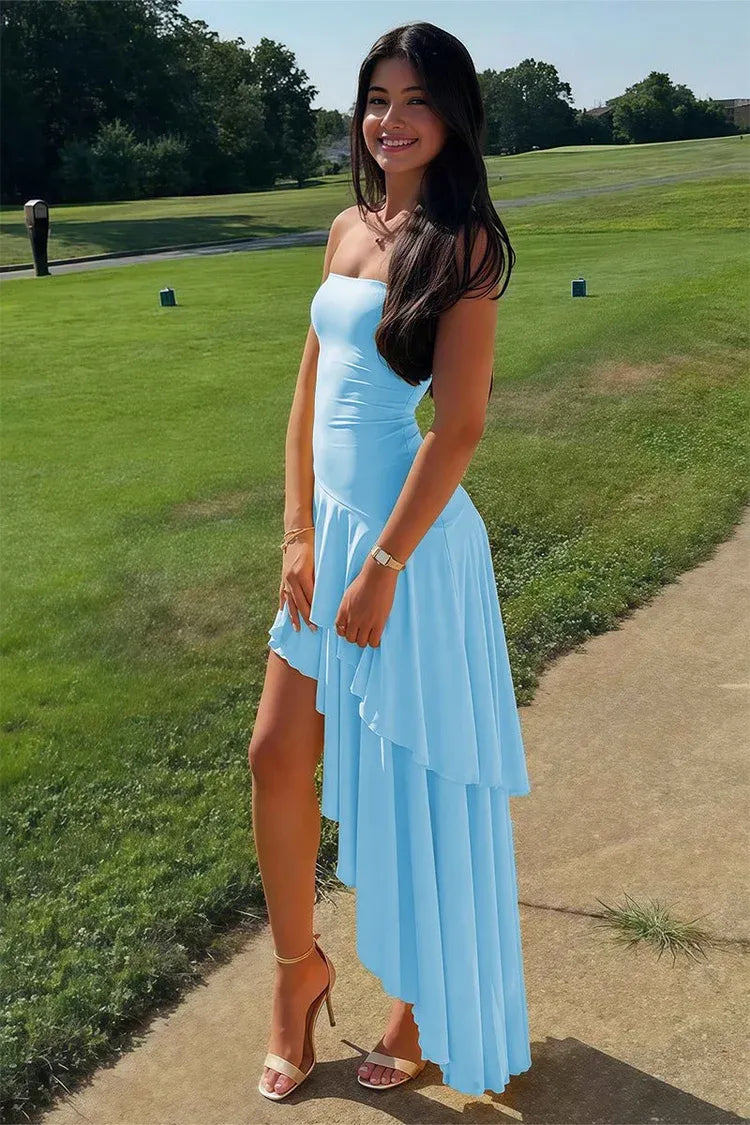 Fashionable Sheath Strapless Sleeveless Satin Ruffles Floor-Length Prom Dress