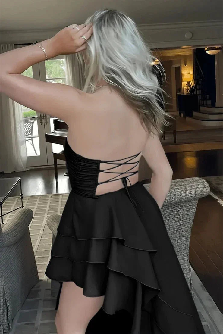 Fashionable Simple Strapless Sleeveless Lace Up Asymmetrical prom dress for ladies