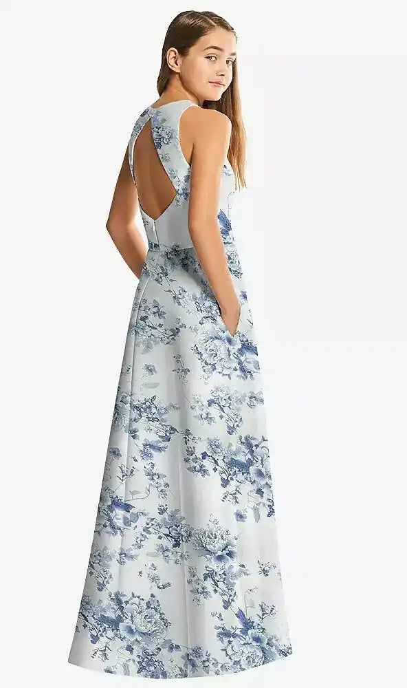 Floral Sleeveless Open-Back Satin Junior Bridesmaid Dress in Cottage Rose Larkspur