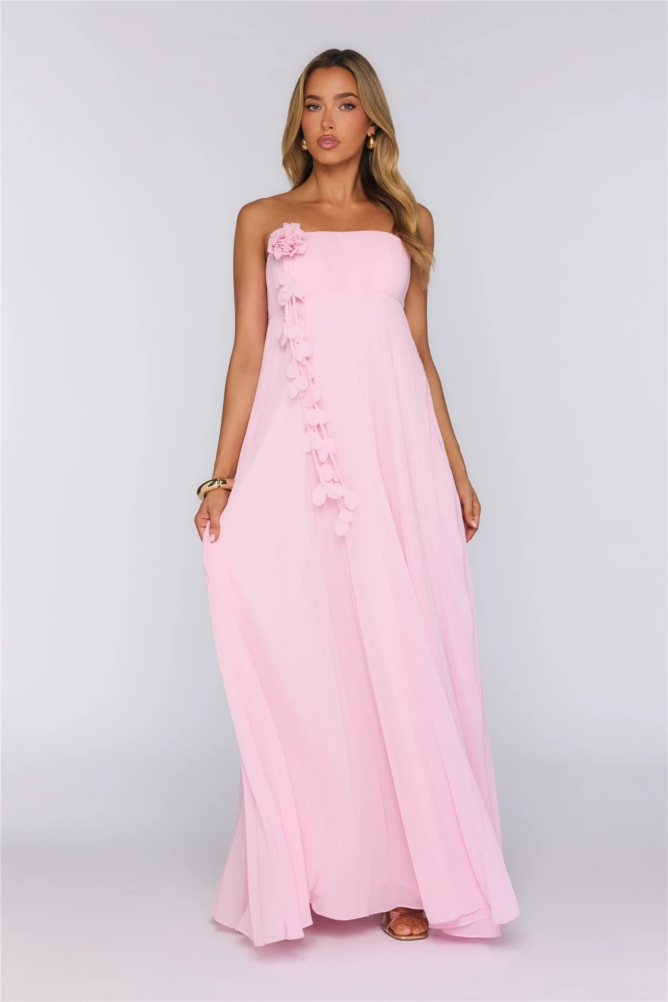 Flowy A-Line Strapless Floral Applique High Slit Pink Floor-Length Prom Dress