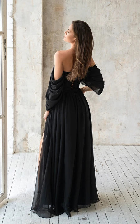 Formal Wear Dresses/A-Line Off-the-Shoulder Sweetheart neckline Floor-length Chiffon Bridesmaid Dress with Ruching and Split Front Prom Dress
