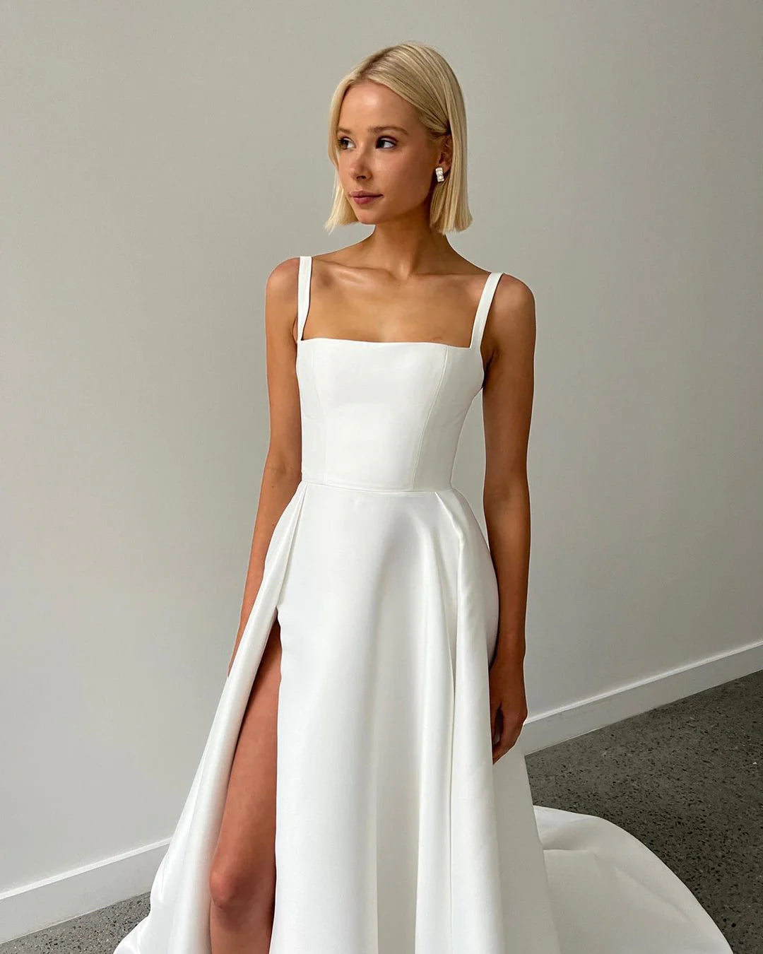 Formal Wear Dresses/Cute A Line Square Neck Satin Wedding Dresses with Slit/Evening Dresses For Wedding