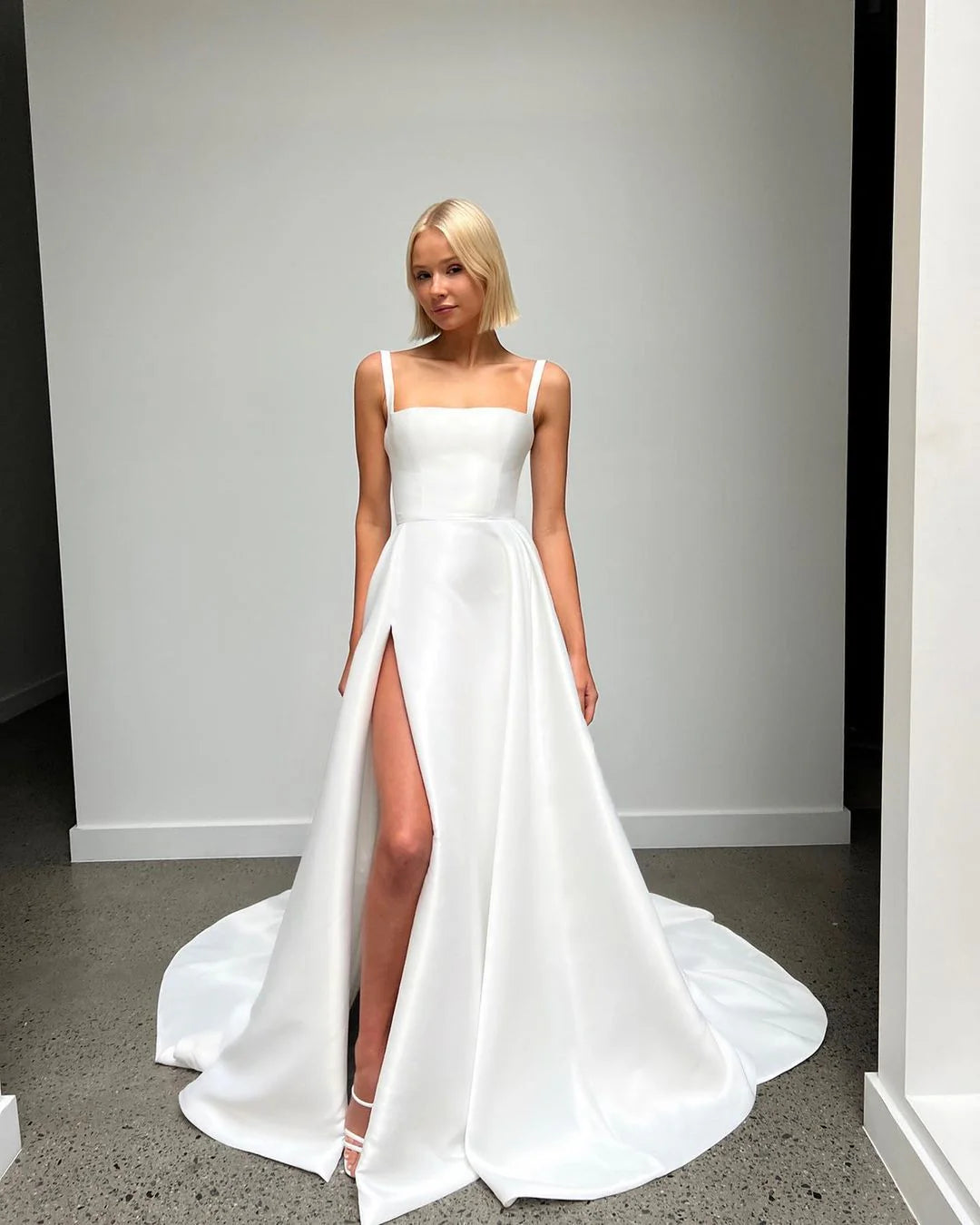 Formal Wear Dresses/Cute A Line Square Neck Satin Wedding Dresses with Slit/Evening Dresses For Wedding