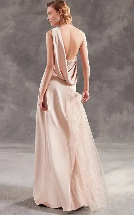 Formal Wear Dresses/Ethereal Sleeveless Floor-length A Line Tulle Open Backless Evening Dress with Ruching Prom Dress