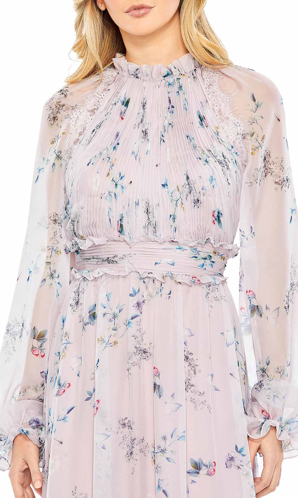 Formal Wear Dresses/ Floral Printed A-line Long Sleeves Ruched Bodice High Neck Prom Dress/ Evening Dresses For Women