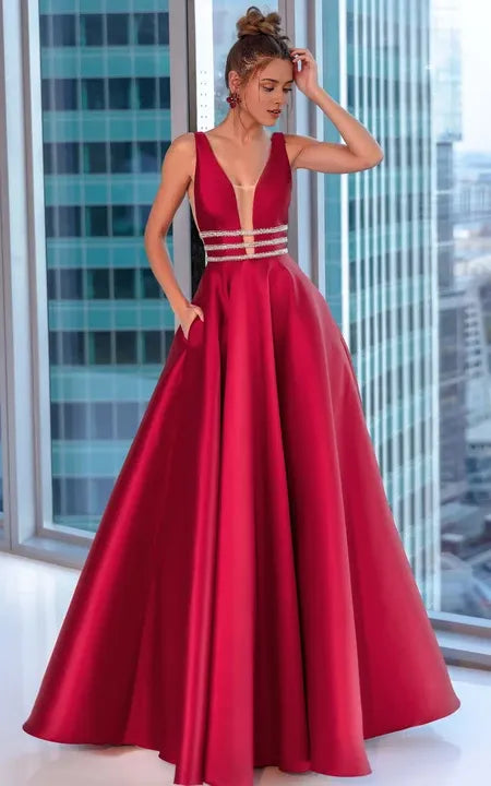 Formal Wear Dresses/Modern Elegant Sleeveless Plunged Satin Ball Gown Prom Dress with Beaded Waist and V Back Prom Dress