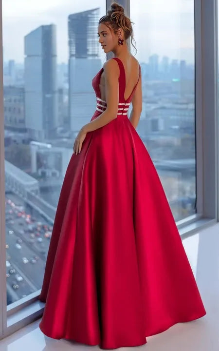 Formal Wear Dresses/Modern Elegant Sleeveless Plunged Satin Ball Gown Prom Dress with Beaded Waist and V Back Prom Dress