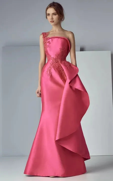 Formal Wear Dresses/Satin Sheath One-shoulder Applique Peplum Formal Evening Dress Prom Dress